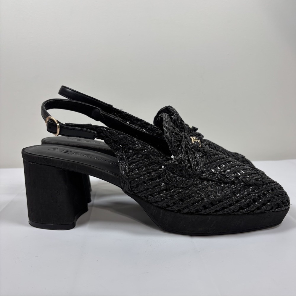 Aerosoles Womens 11 Santiago Black Raffia Slingback Platform Cork Heel Sandals
